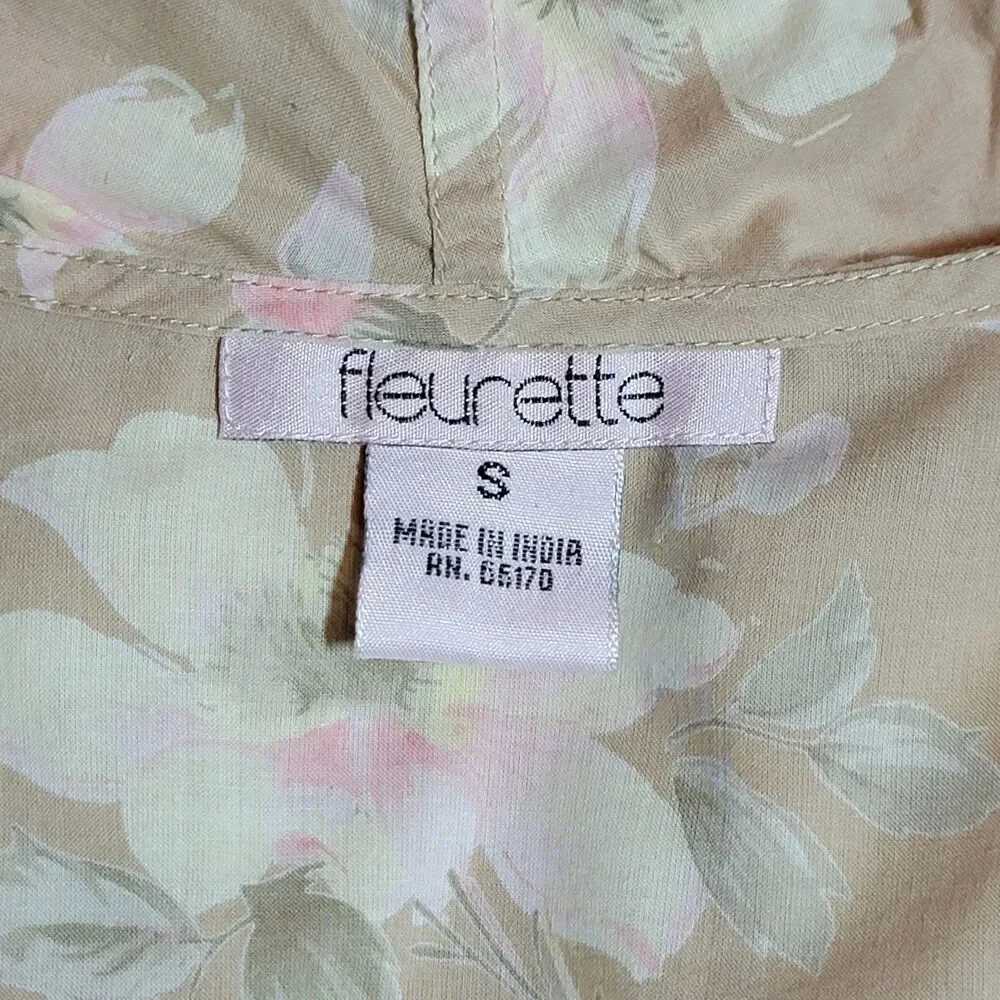 Fleurette Floral Cotton Kimono Robe Ruffle Tie Waist Maxi Beige Pink Romantic S - Picture 11 of 13